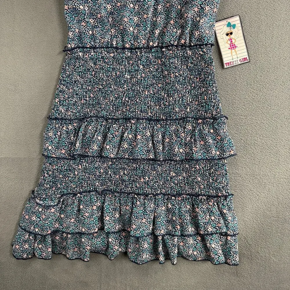 Trixxi Girl Smocked Blue Floral Dress Summer Casual‎ Cute Size 12